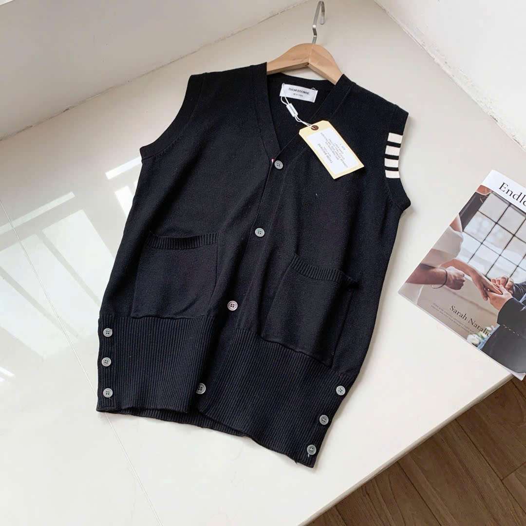 THOM BROWNE 소매 4-바 남여공용 니트 조끼